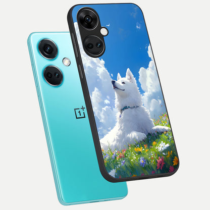  Blissful Cloud Pup phone case For Oneplus Nord CE3 showing premium glass back cover with detailed artwork