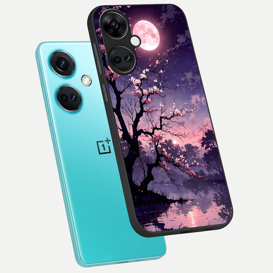  Blossom Pink Moon phone case For Oneplus Nord CE3 showing premium glass back cover with detailed artwork