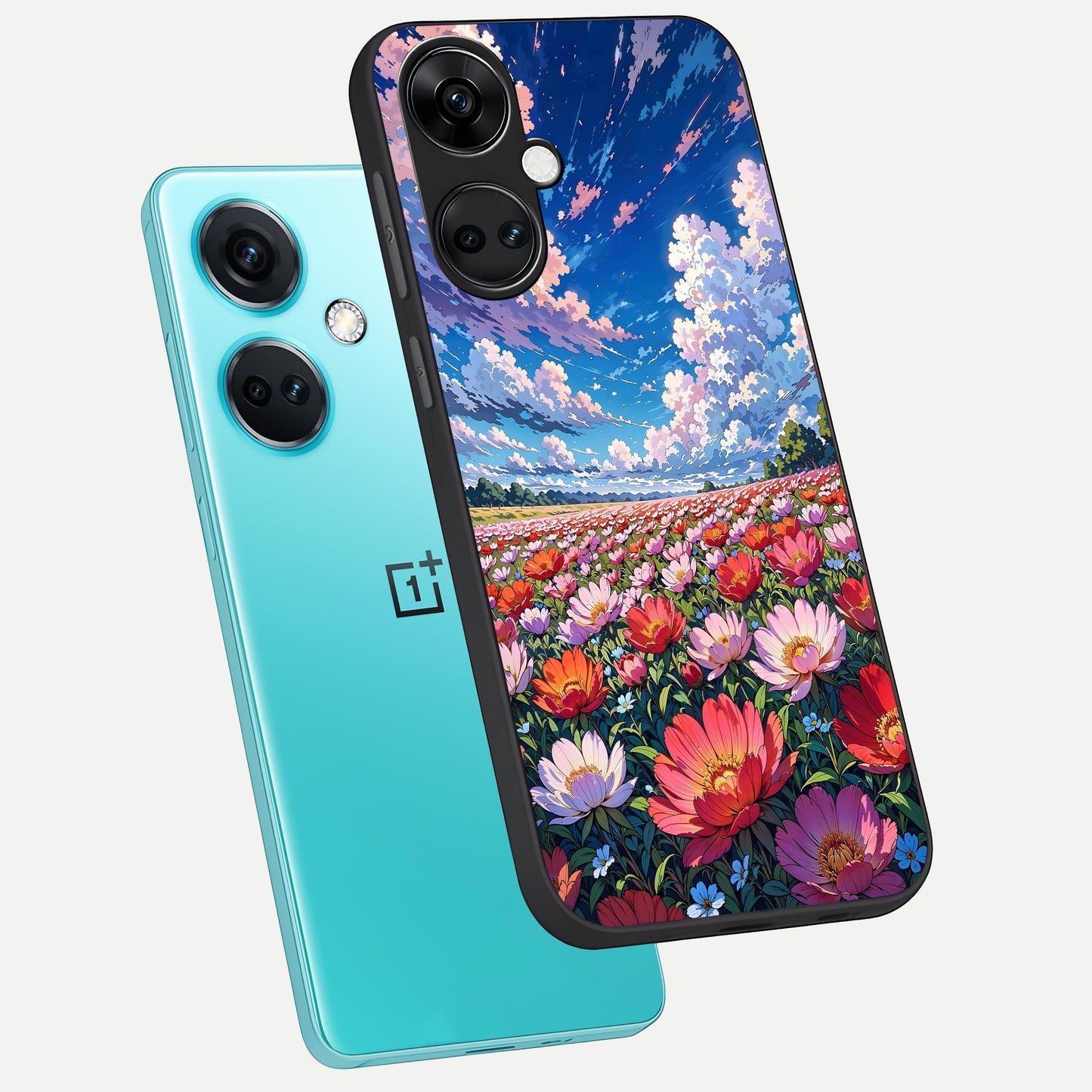 Blossom Sky Field phone case For Oneplus Nord CE3 showing premium glass back cover with detailed artwork