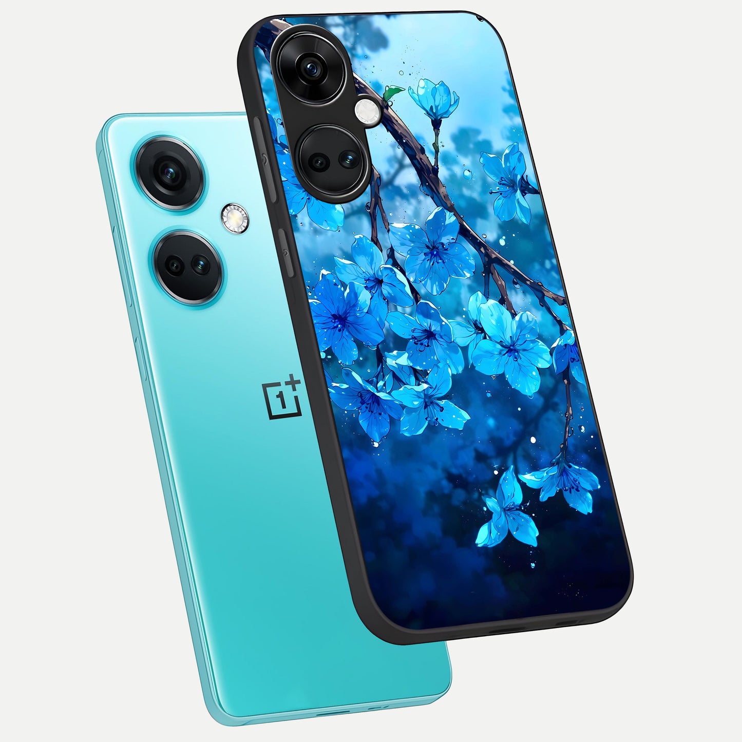  Blue Blossoms Branch phone case For Oneplus Nord CE3 showing premium glass back cover with detailed artwork