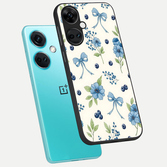  Blue Flower And Bow phone case For Oneplus Nord CE3 showing premium glass back cover with detailed artwork