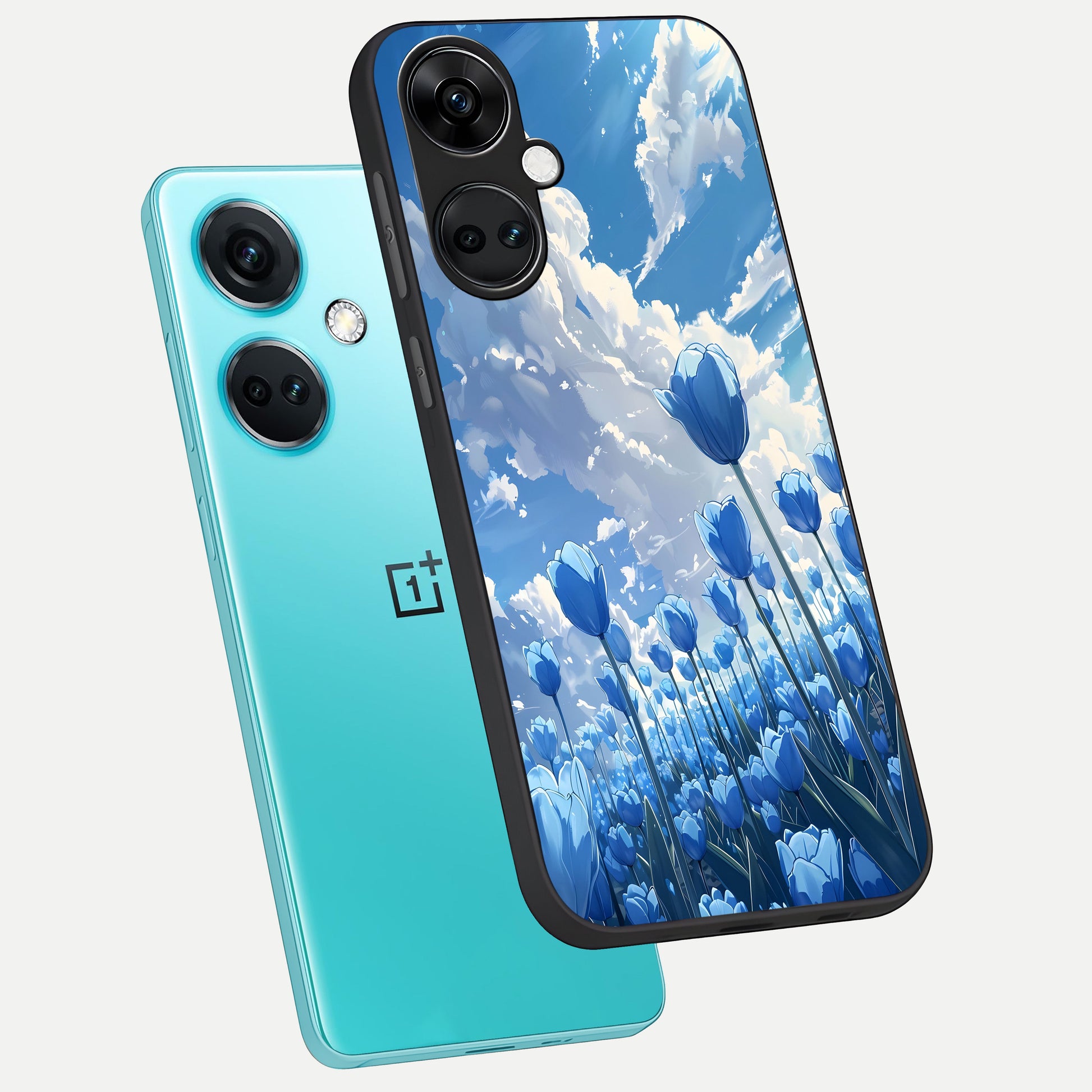 Blue Tulip Clouds phone case For Oneplus Nord CE3 showing premium glass back cover with detailed artwork