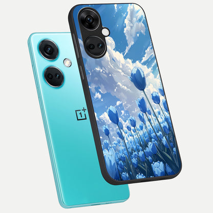  Blue Tulip Clouds phone case For Oneplus Nord CE3 showing premium glass back cover with detailed artwork