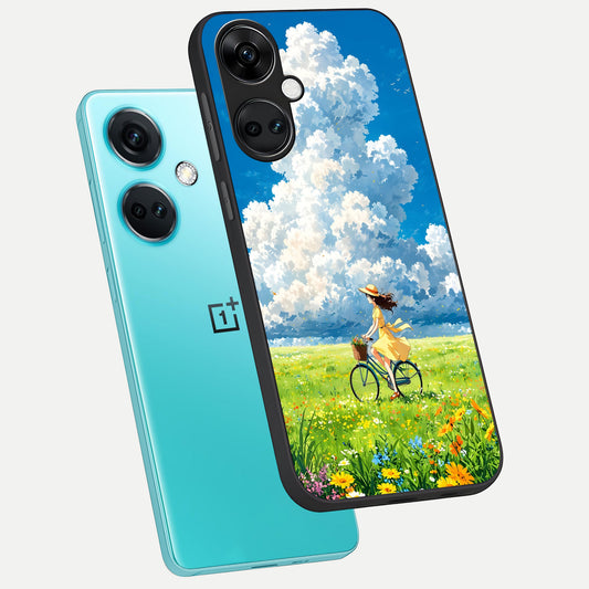  Breezy Meadow Ride phone case For Oneplus Nord CE3 showing premium glass back cover with detailed artwork