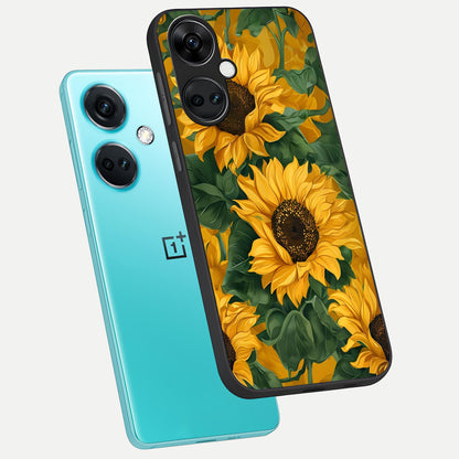  Bright Sunflower Bloom phone case For Oneplus Nord CE3 showing premium glass back cover with detailed artwork