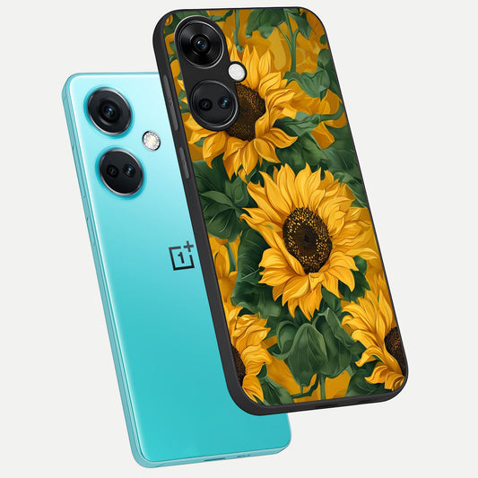  Bright Sunflower Bloom phone case For Oneplus Nord CE3 showing premium glass back cover with detailed artwork