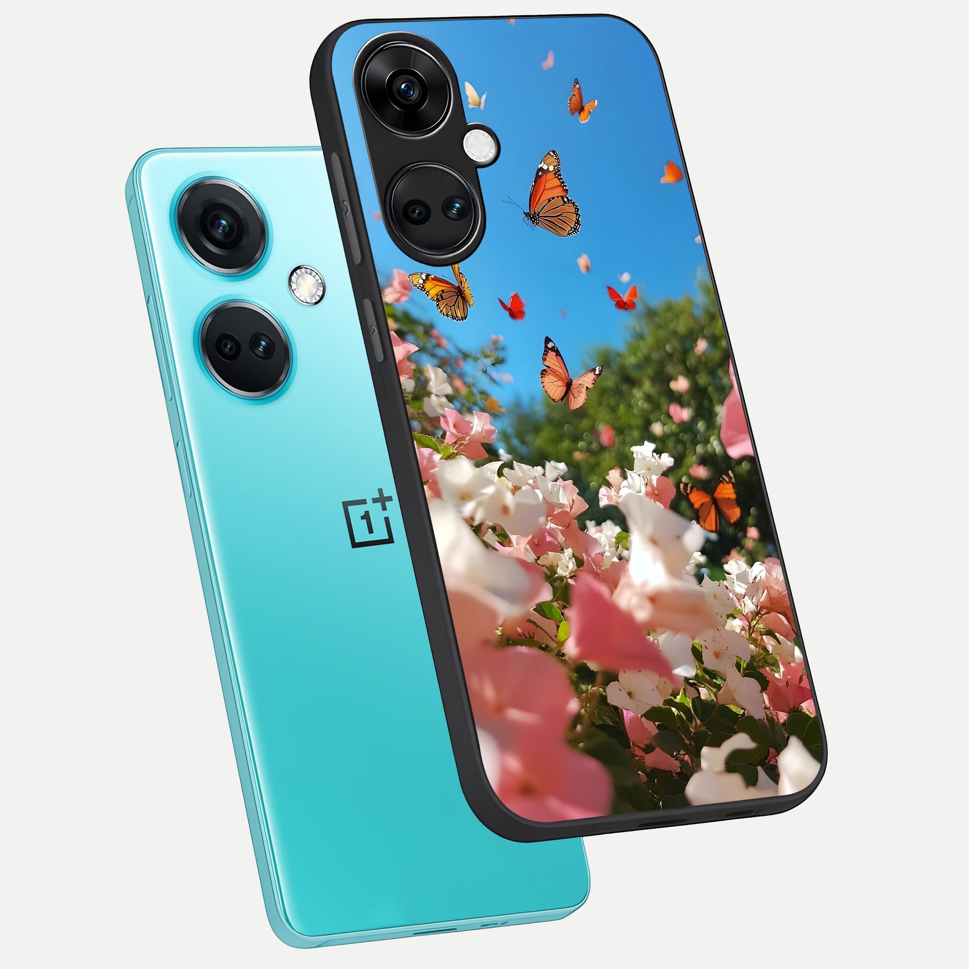  Butterflies In Bloom Sky phone case For Oneplus Nord CE3 showing premium glass back cover with detailed artwork