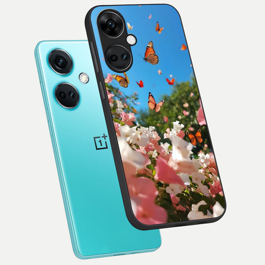  Butterflies In Bloom Sky phone case For Oneplus Nord CE3 showing premium glass back cover with detailed artwork