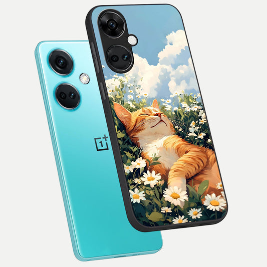  Cat And Flowers View phone case For Oneplus Nord CE3 showing premium glass back cover with detailed artwork