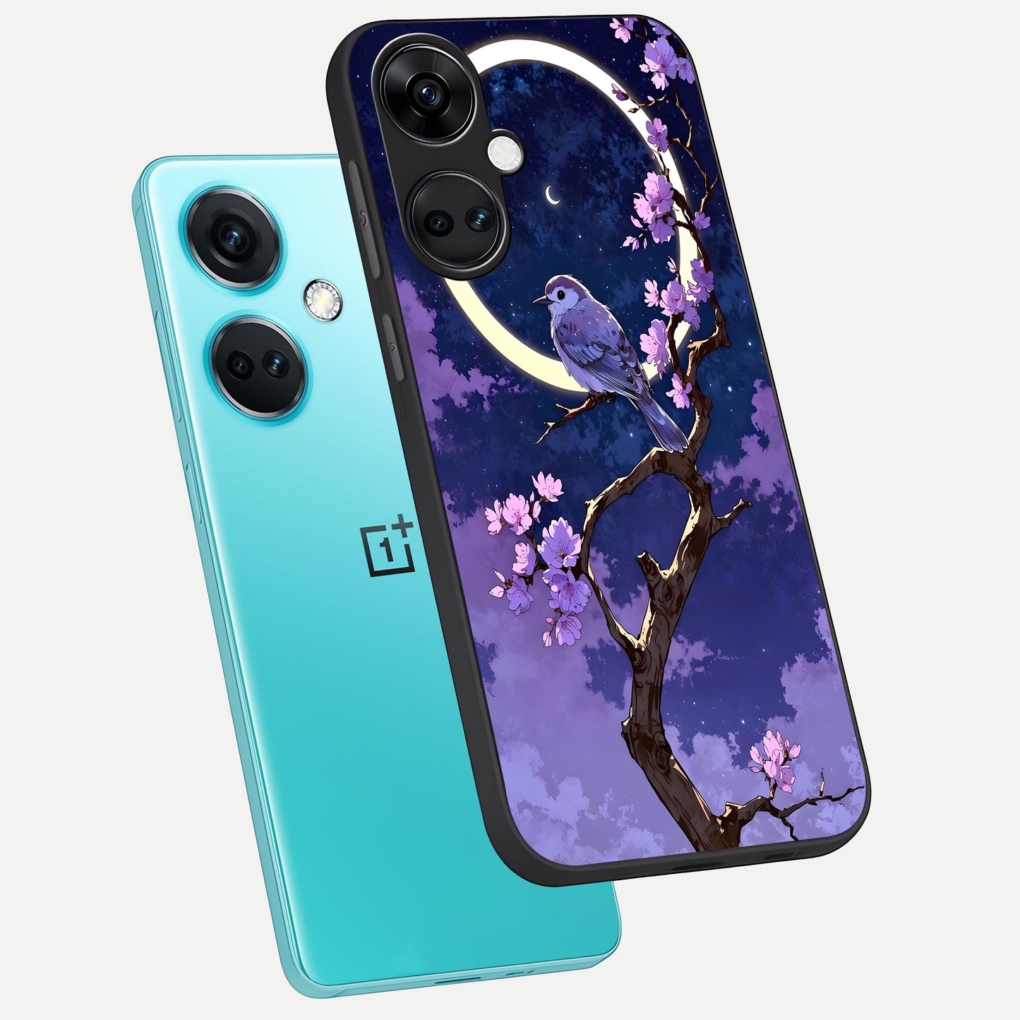  Celestial Bird Blossom phone case For Oneplus Nord CE3 showing premium glass back cover with detailed artwork