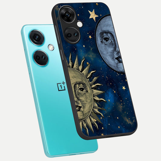  Celestial Moon With Sun phone case For Oneplus Nord CE3 showing premium glass back cover with detailed artwork