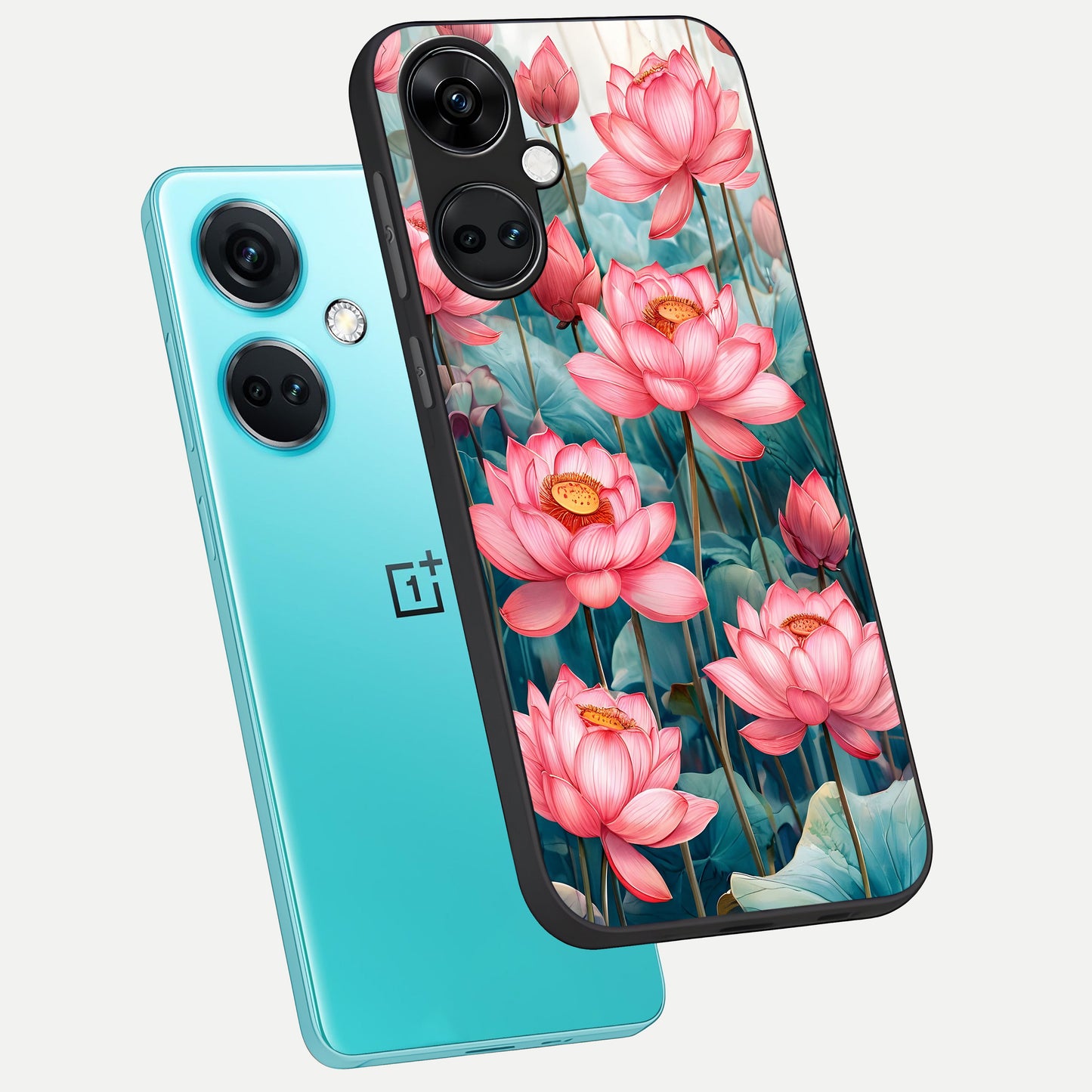  Celestial Pink Lotus phone case For Oneplus Nord CE3 showing premium glass back cover with detailed artwork