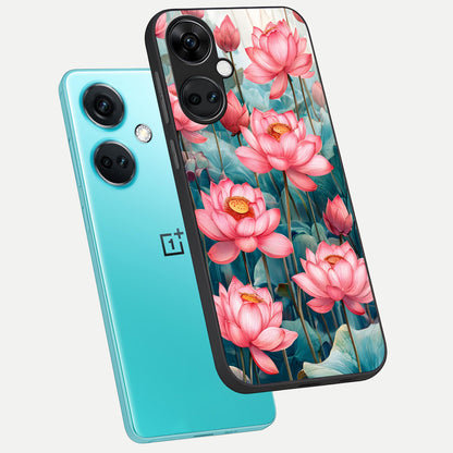  Celestial Pink Lotus phone case For Oneplus Nord CE3 showing premium glass back cover with detailed artwork