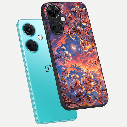  Celestial Sakura Sunset phone case For Oneplus Nord CE3 showing premium glass back cover with detailed artwork