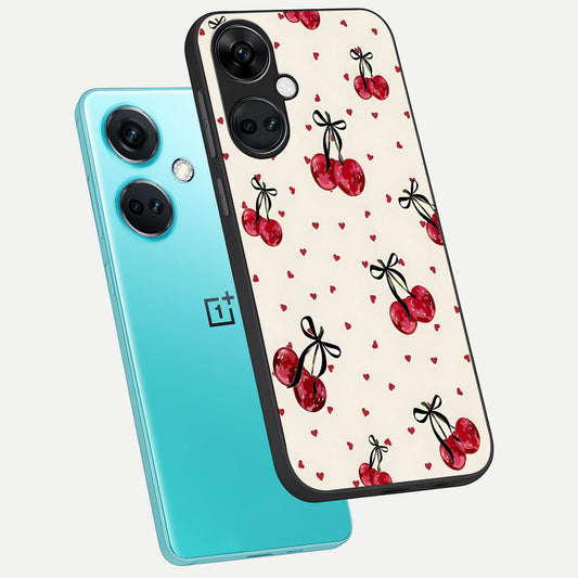  Cherry Heart Bow phone case For Oneplus Nord CE3 showing premium glass back cover with detailed artwork