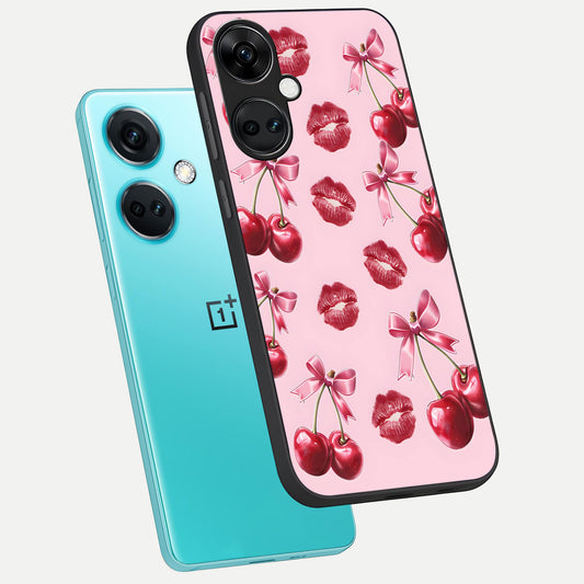  Cherry With Lips phone case For Oneplus Nord CE3 showing premium glass back cover with detailed artwork