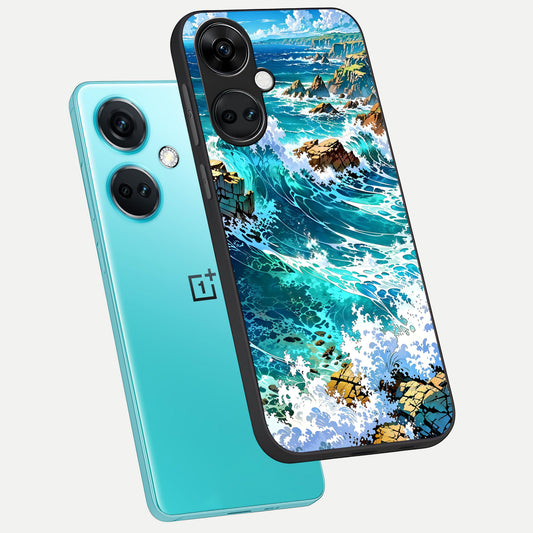  Coastal Blue Waves phone case For Oneplus Nord CE3 showing premium glass back cover with detailed artwork