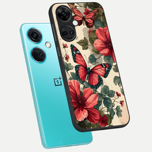  Crimson Butterfly Garden phone case For Oneplus Nord CE3 showing premium glass back cover with detailed artwork