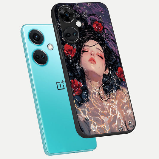  Crimson Rose Serenity phone case For Oneplus Nord CE3 showing premium glass back cover with detailed artwork