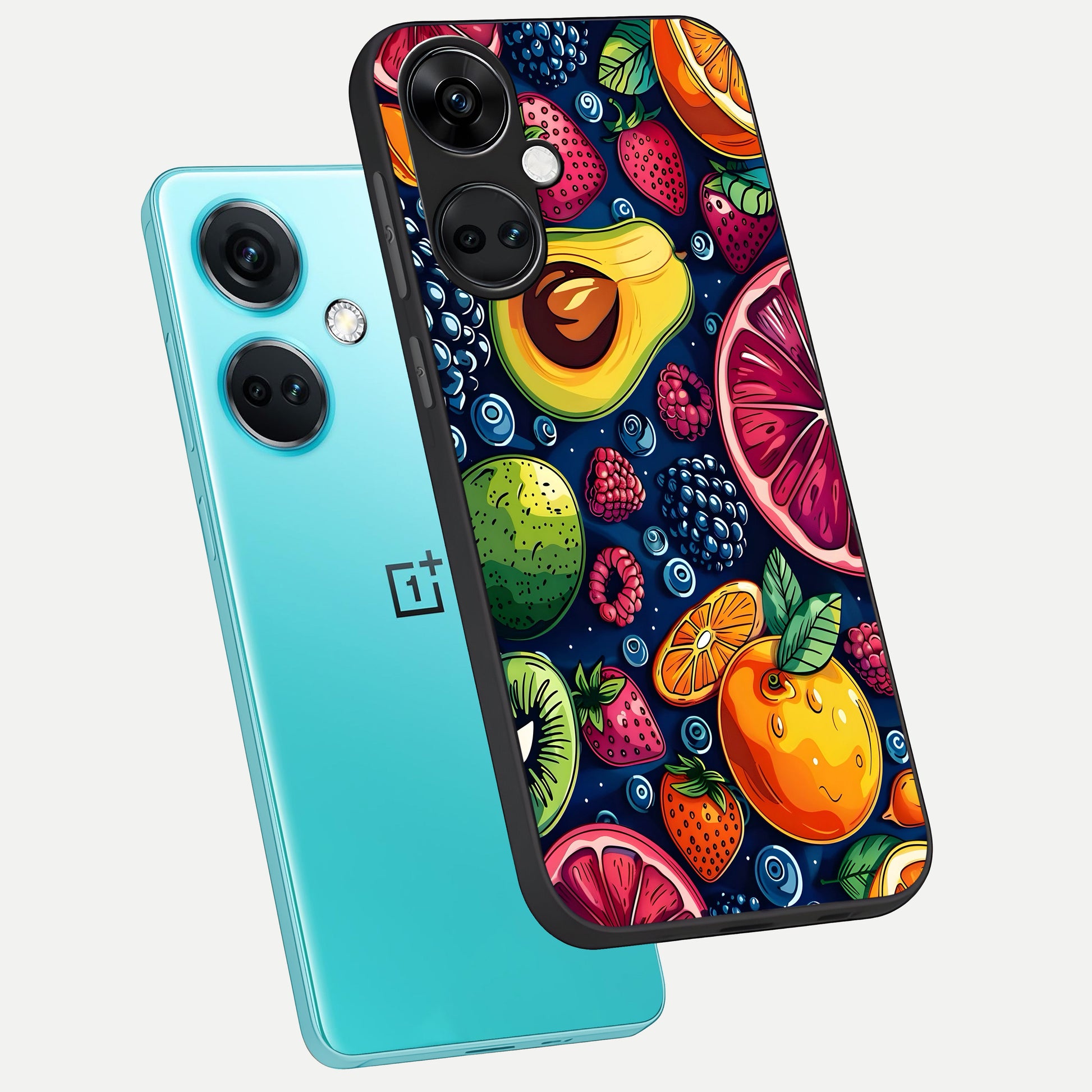  Cute Fruits Art phone case For Oneplus Nord CE3 showing premium glass back cover with detailed artwork