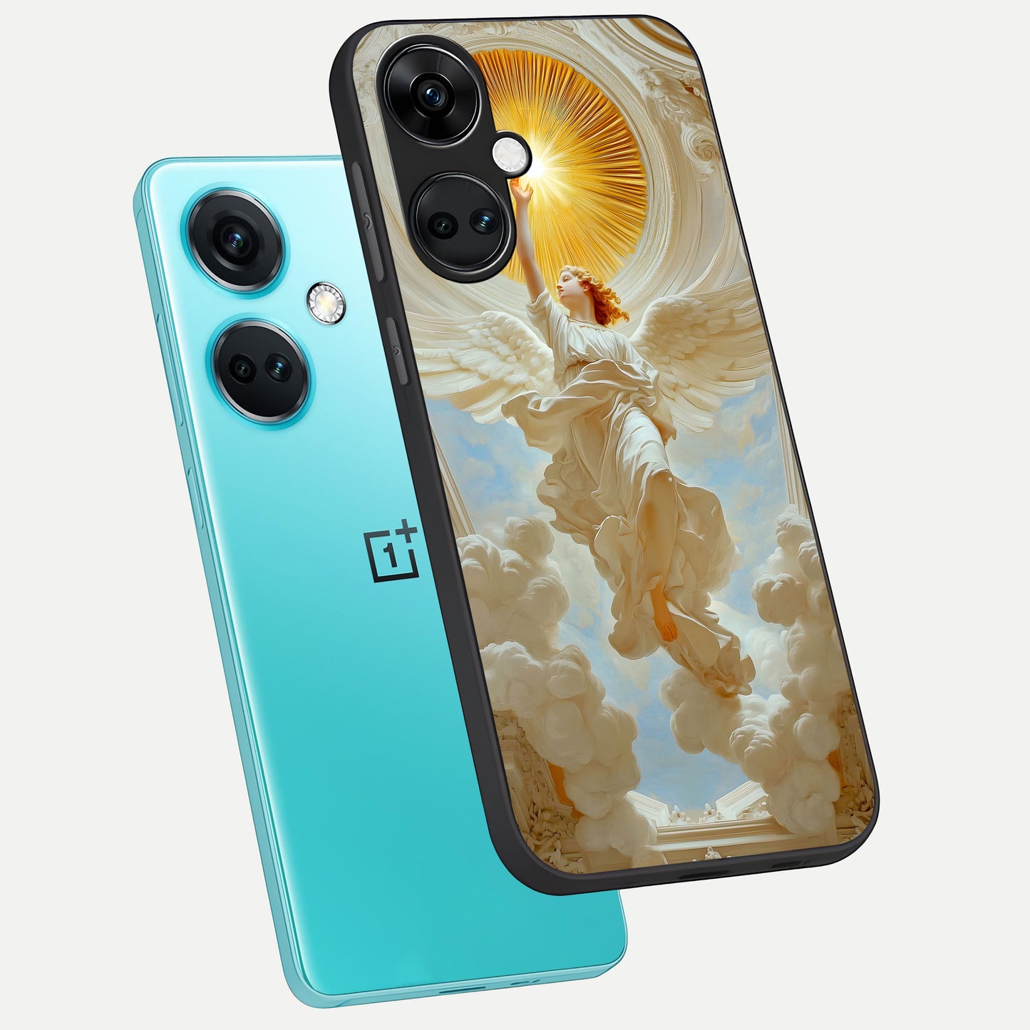 Divine Light Angel phone case For Oneplus Nord CE3 showing premium glass back cover with detailed artwork