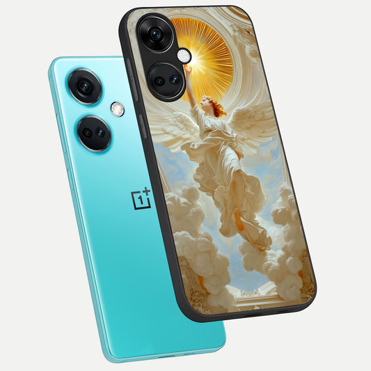  Divine Light Angel phone case For Oneplus Nord CE3 showing premium glass back cover with detailed artwork