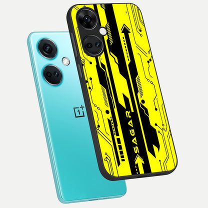  Electric Pulse CYBERPUNK Custom Name phone case For Oneplus Nord CE3 showing premium glass back cover with detailed artwork