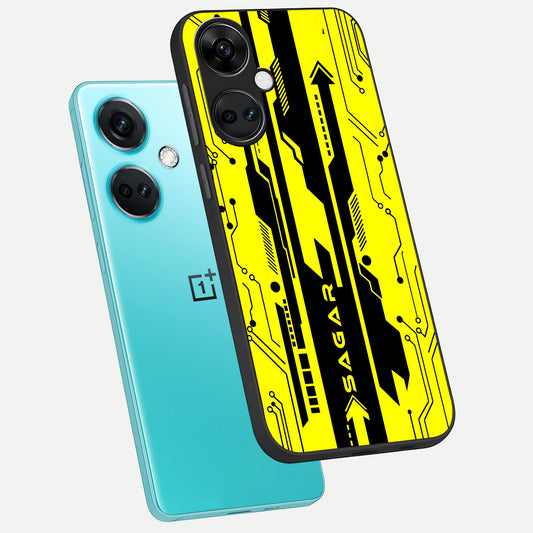  Electric Pulse CYBERPUNK Custom Name phone case For Oneplus Nord CE3 showing premium glass back cover with detailed artwork