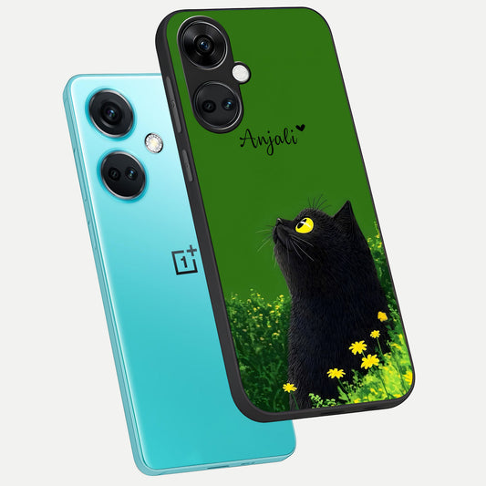  Emerald Cat Custom Name phone case For Oneplus Nord CE3 showing premium glass back cover with detailed artwork