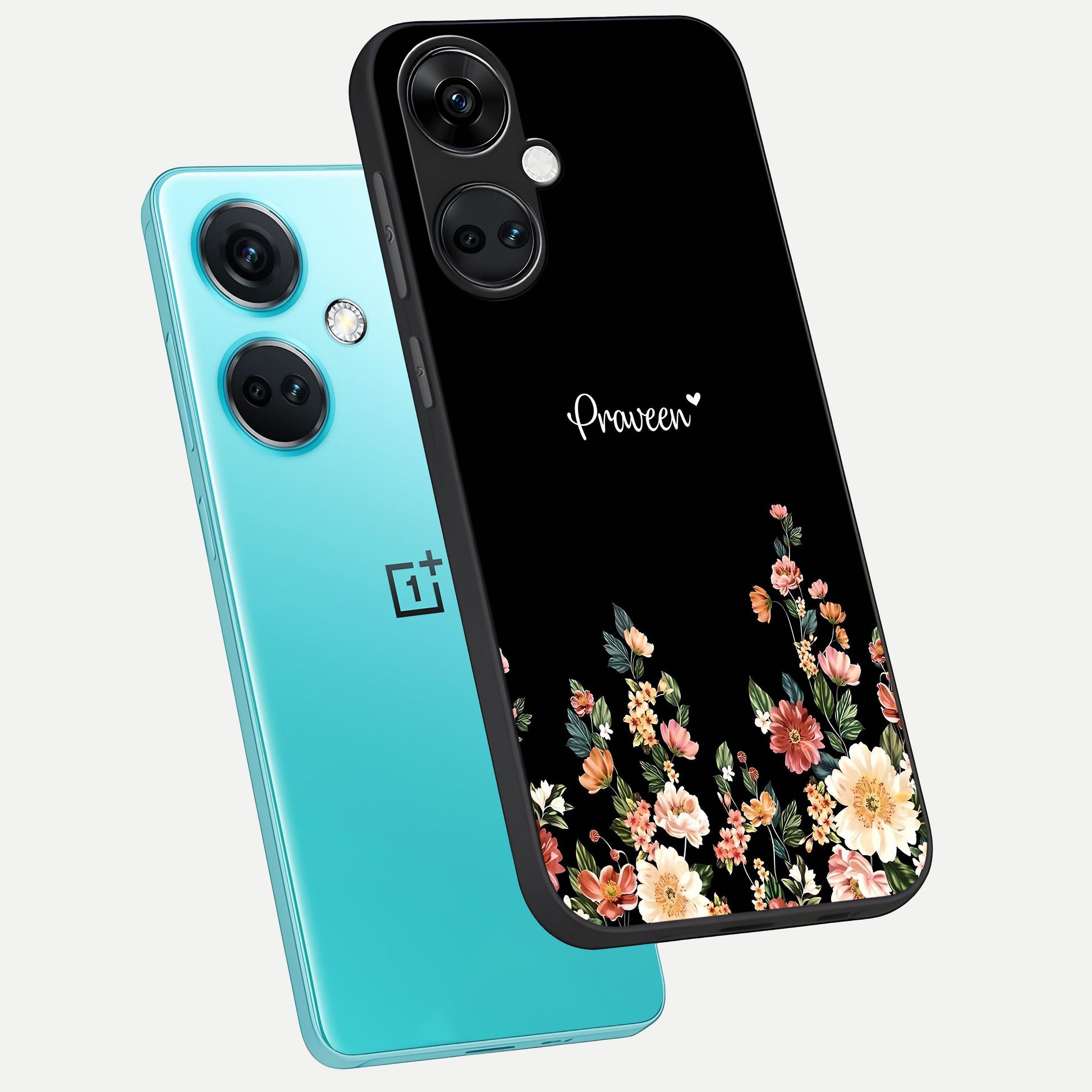  Floral Design Personalized Custom Name phone case For Oneplus Nord CE3 showing premium glass back cover with detailed artwork