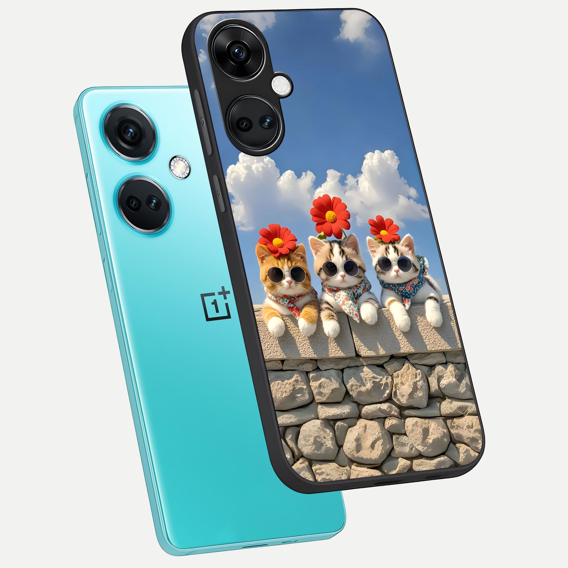  Floral Kitty Squad phone case For Oneplus Nord CE3 showing premium glass back cover with detailed artwork