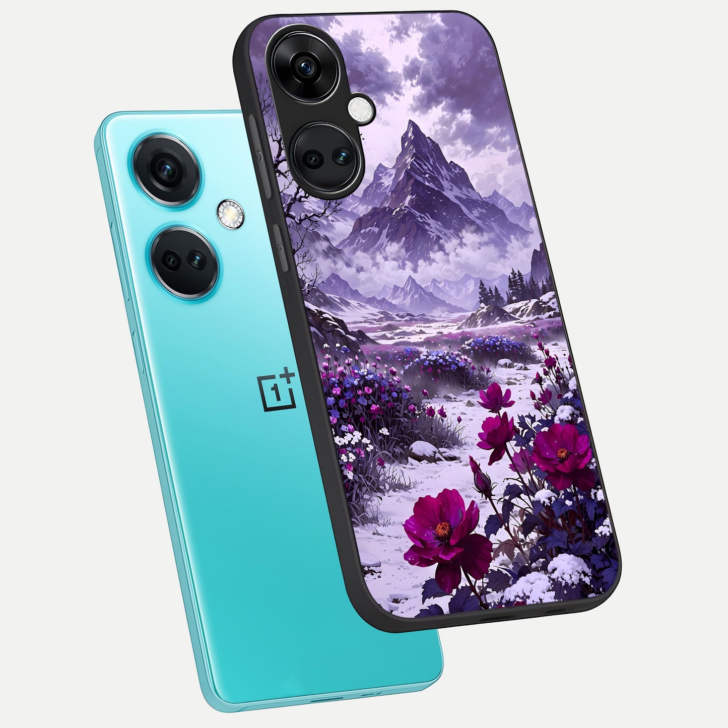  Flower Mountain View phone case For Oneplus Nord CE3 showing premium glass back cover with detailed artwork