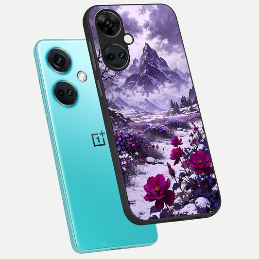  Flower Mountain View phone case For Oneplus Nord CE3 showing premium glass back cover with detailed artwork