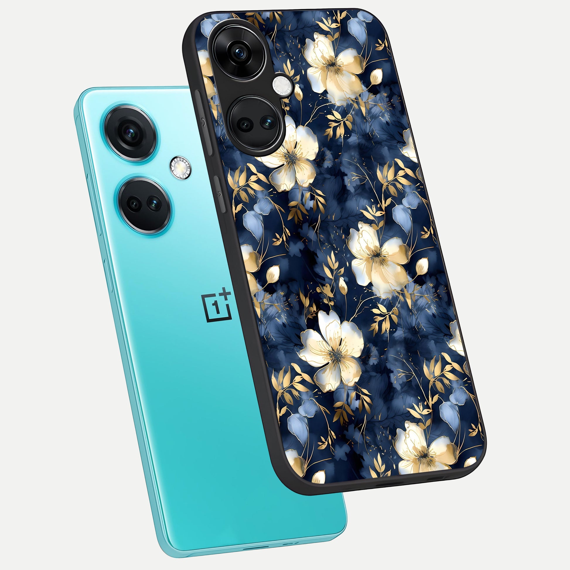  Golden Midnight Bloom phone case For Oneplus Nord CE3 showing premium glass back cover with detailed artwork
