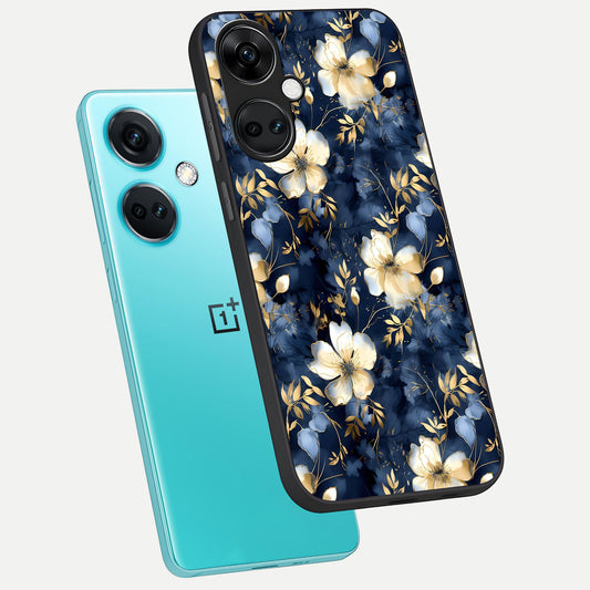  Golden Midnight Bloom phone case For Oneplus Nord CE3 showing premium glass back cover with detailed artwork