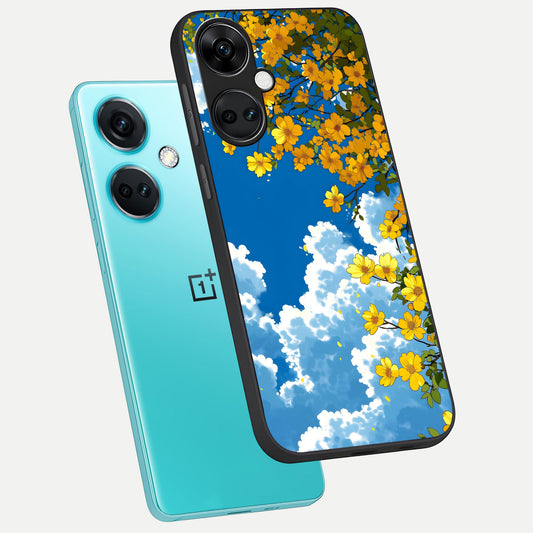  Golden Petal Sky phone case For Oneplus Nord CE3 showing premium glass back cover with detailed artwork