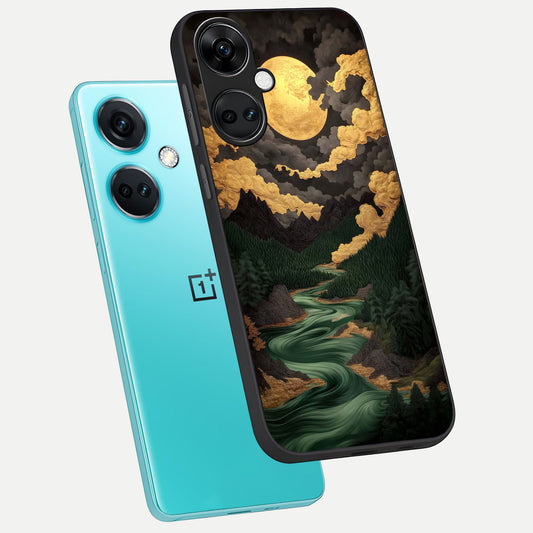  Golden River Moon phone case For Oneplus Nord CE3 showing premium glass back cover with detailed artwork