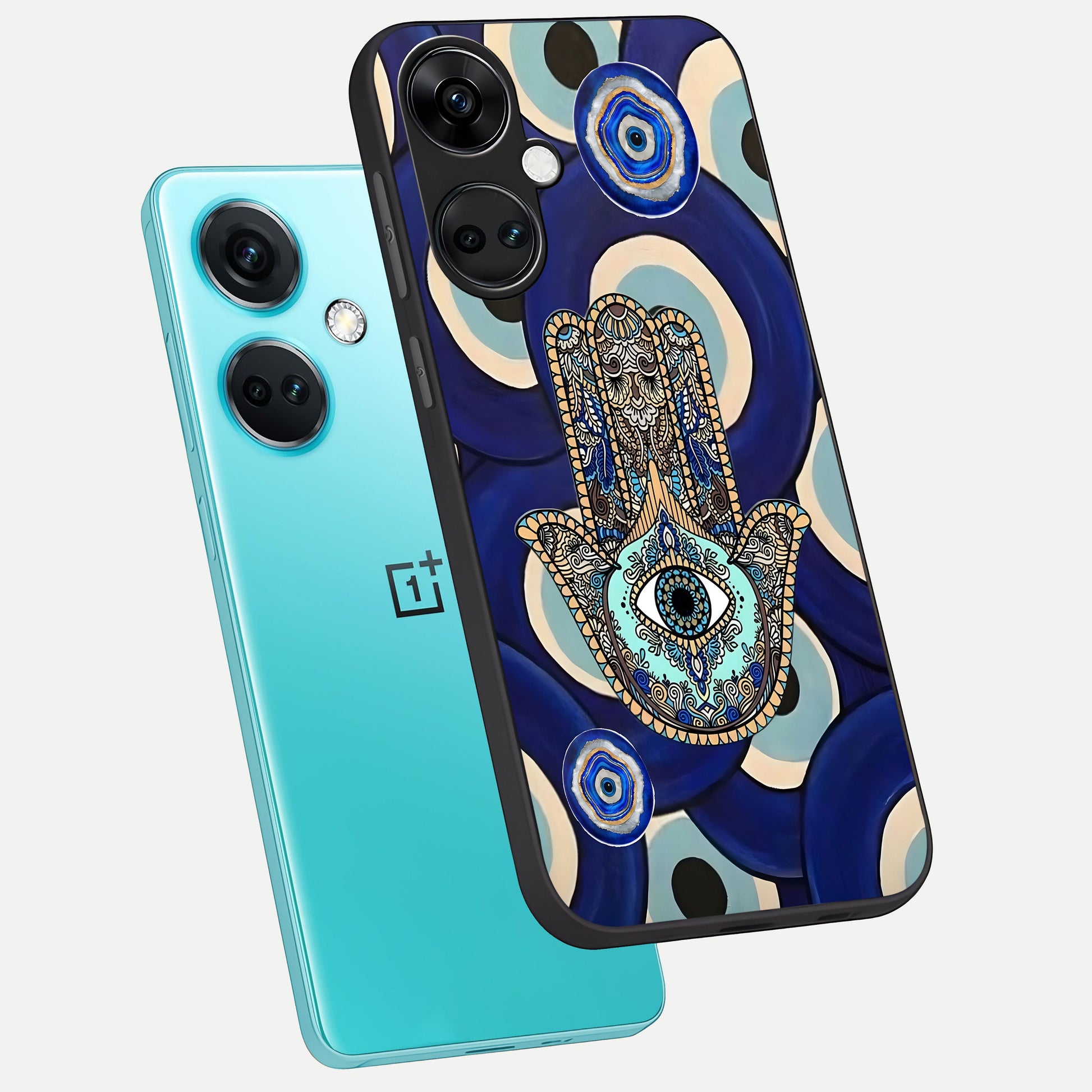  Hamsa Divine Guard phone case For Oneplus Nord CE3 showing premium glass back cover with detailed artwork
