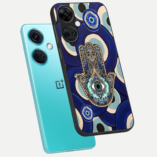  Hamsa Divine Guard phone case For Oneplus Nord CE3 showing premium glass back cover with detailed artwork