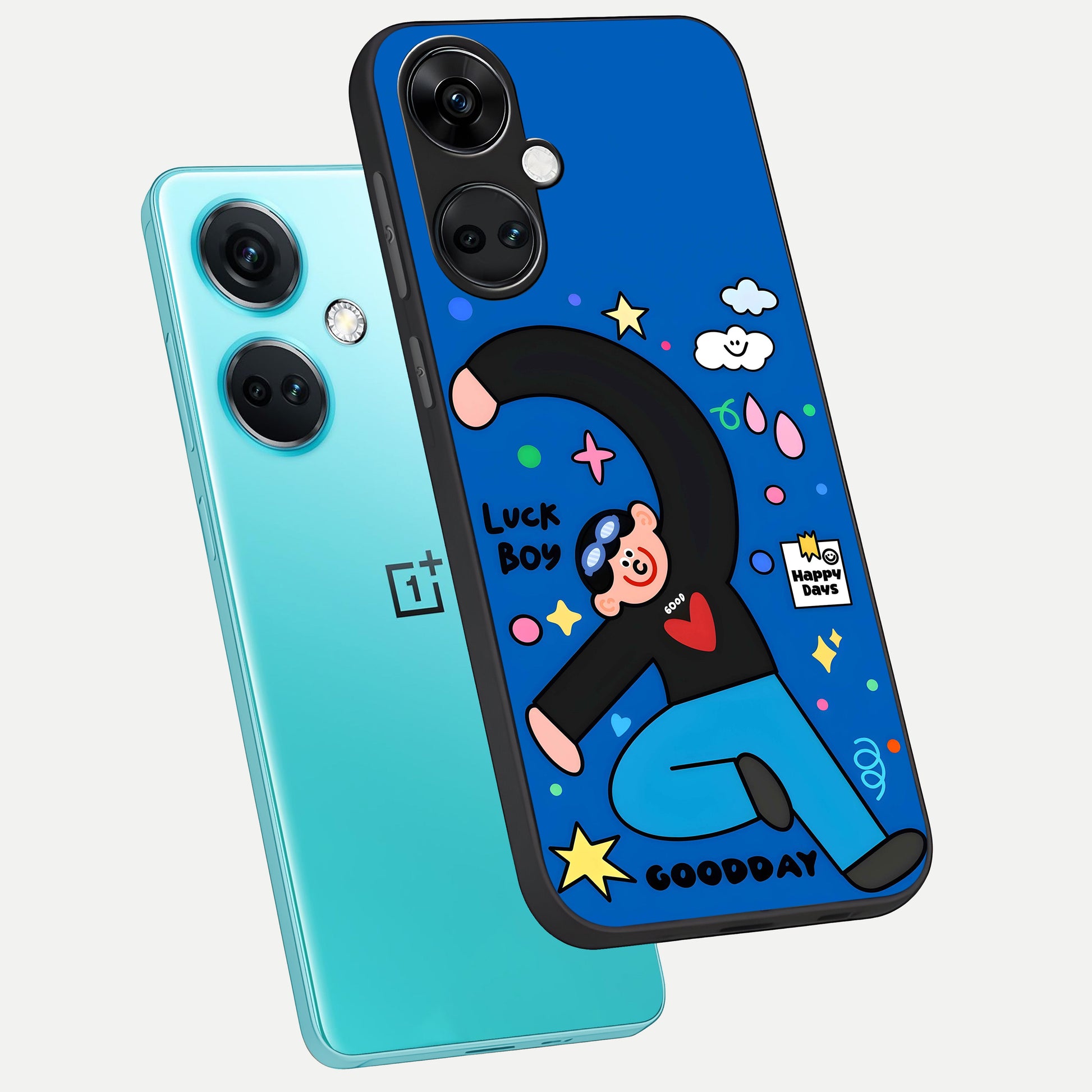  Happy Luck Vibe phone case For Oneplus Nord CE3 showing premium glass back cover with detailed artwork