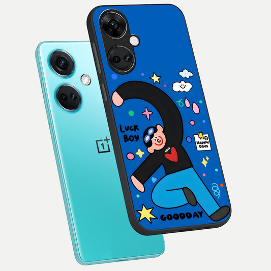  Happy Luck Vibe phone case For Oneplus Nord CE3 showing premium glass back cover with detailed artwork
