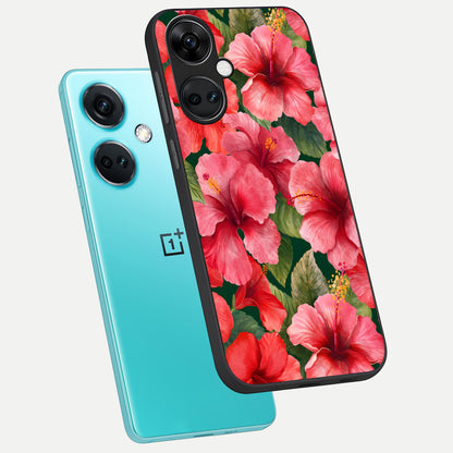  Hibiscus Pattern phone case For Oneplus Nord CE3 showing premium glass back cover with detailed artwork