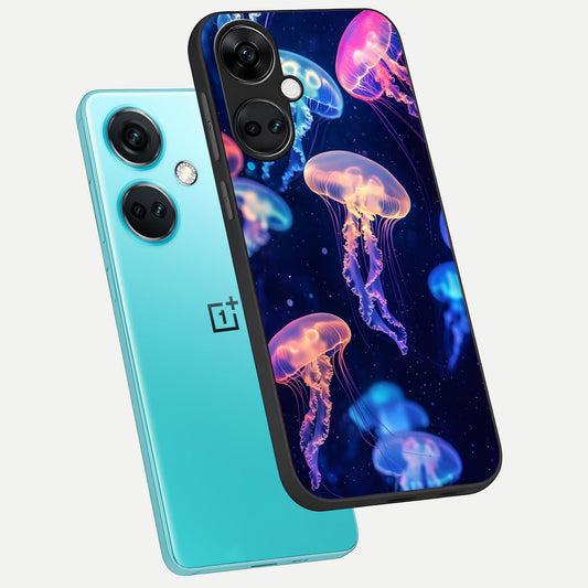  Jellyfish Pattern phone case For Oneplus Nord CE3 showing premium glass back cover with detailed artwork