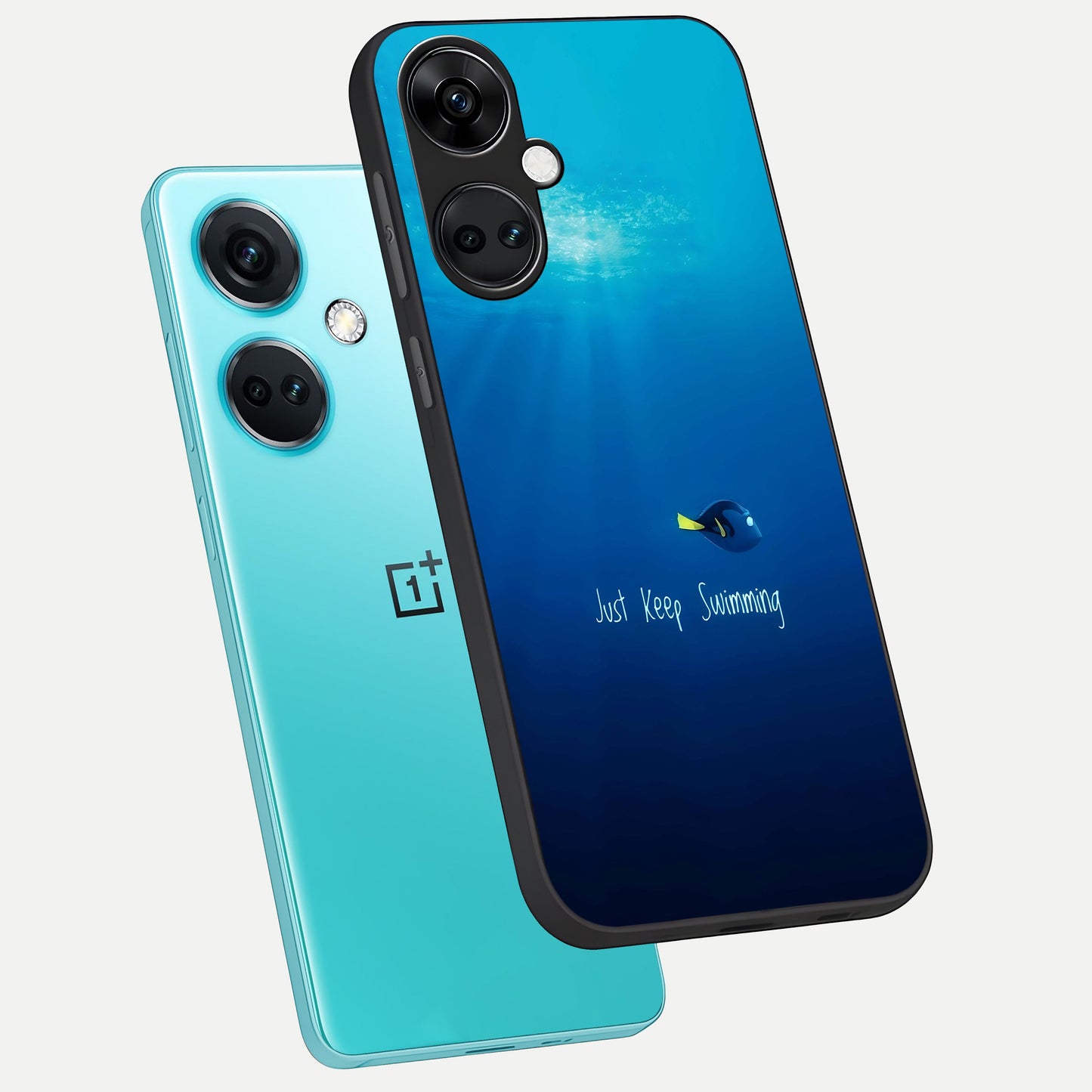  Just Keep Swimming phone case For Oneplus Nord CE3 showing premium glass back cover with detailed artwork