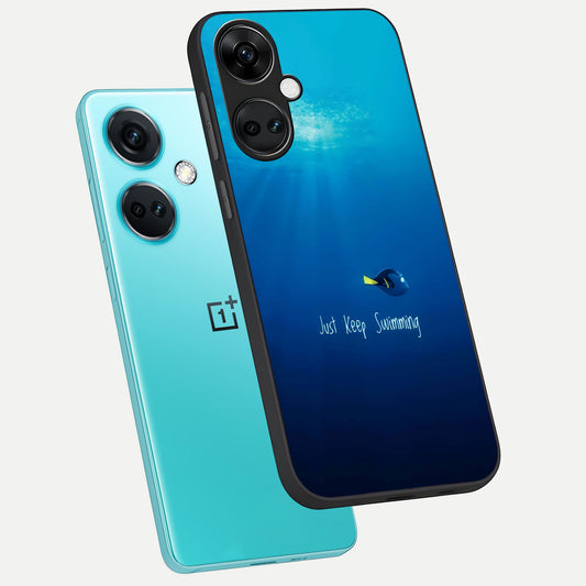  Just Keep Swimming phone case For Oneplus Nord CE3 showing premium glass back cover with detailed artwork