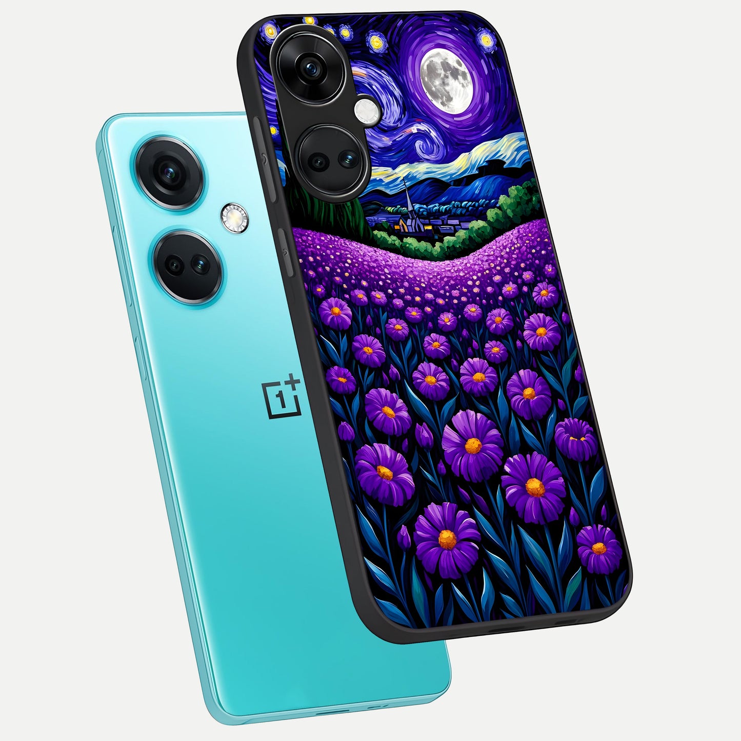  Lavender Moon Field phone case For Oneplus Nord CE3 showing premium glass back cover with detailed artwork