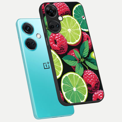  Lime and Raspberry Pattern phone case For Oneplus Nord CE3 showing premium glass back cover with detailed artwork