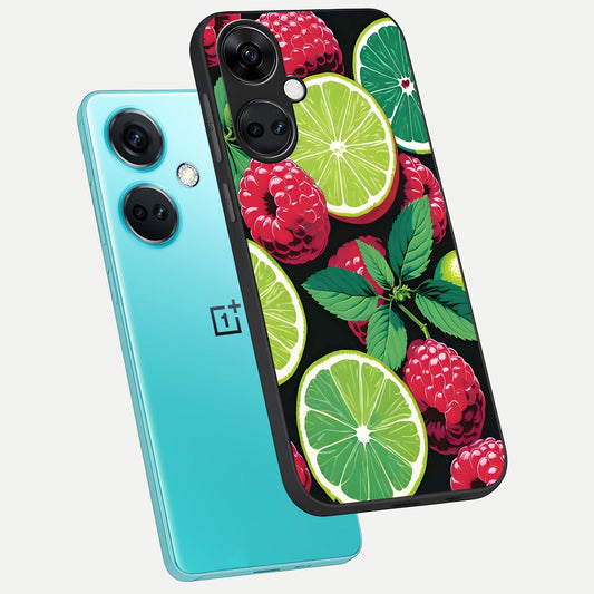  Lime and Raspberry Pattern phone case For Oneplus Nord CE3 showing premium glass back cover with detailed artwork