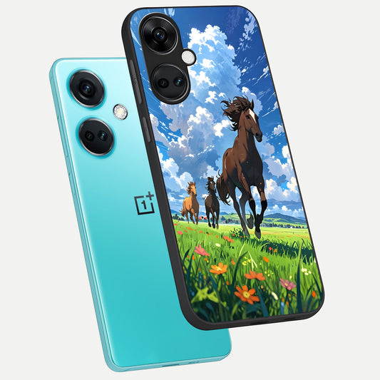  Majestic Horses Galloping phone case For Oneplus Nord CE3 showing premium glass back cover with detailed artwork