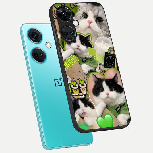  Matcha Cats Mood phone case For Oneplus Nord CE3 showing premium glass back cover with detailed artwork